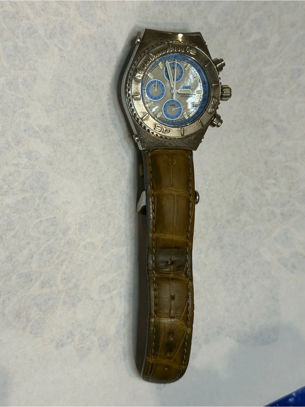 Vintage TechnoMarine TechnoSport Chronograph MOP Blue Dial Leather Watch 200M